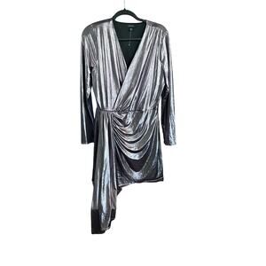 Cache Metallic Iridescent Pink Purple Surplice Wrap Liquid Shine Dress 10